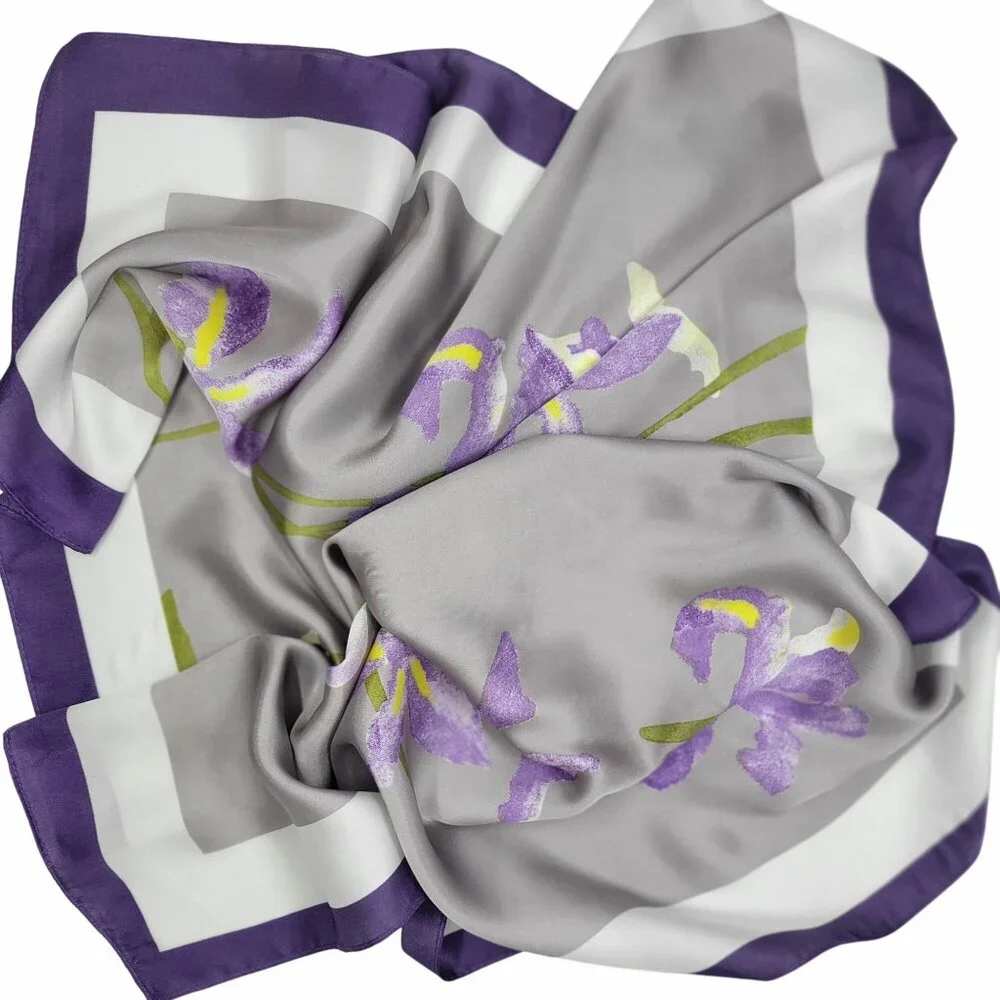 Floral Elegant Women Scarf Bandana Green Purple Vintage Silk Appaerance Top